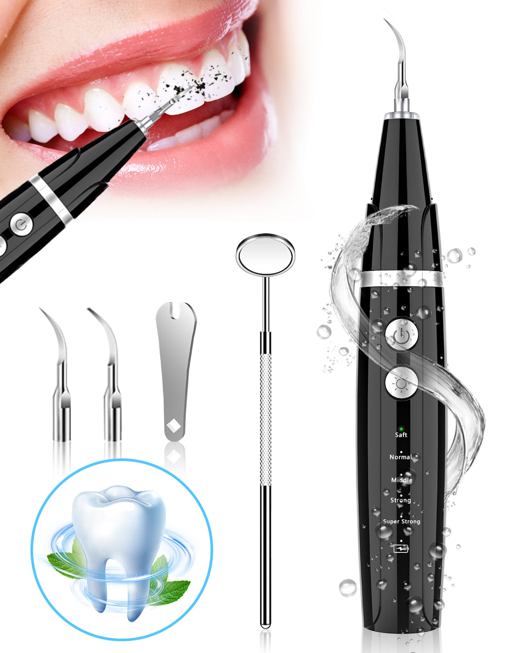 [US Ship] Plaque Remover for Teeth-Lymi Ultrasonic Teeth Cleaning Kit,Electric Tooth Cleaner Tartar Calculus Stain Remover with 5 Adjustable Modes,3 Replaceable Clean Heads,Dental Tools Safe for Adult Kids